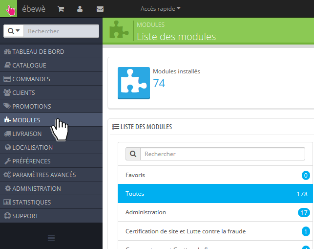 Allez sur la page Modules